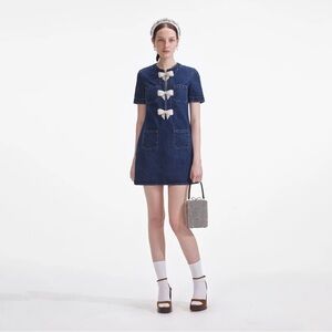 Self-Portrait mini Denim Dress with Pearl Bow, NWOT size 4